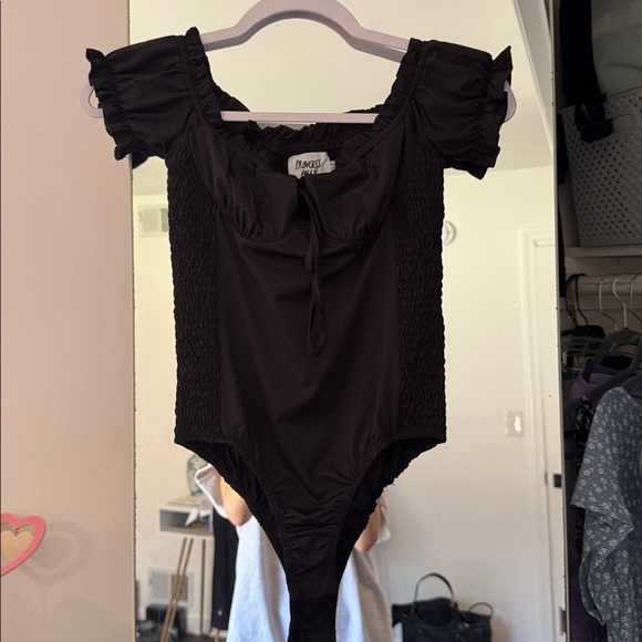 Princess Polly Tops - Black BodySuit- Smocked Off-Shoulder Style